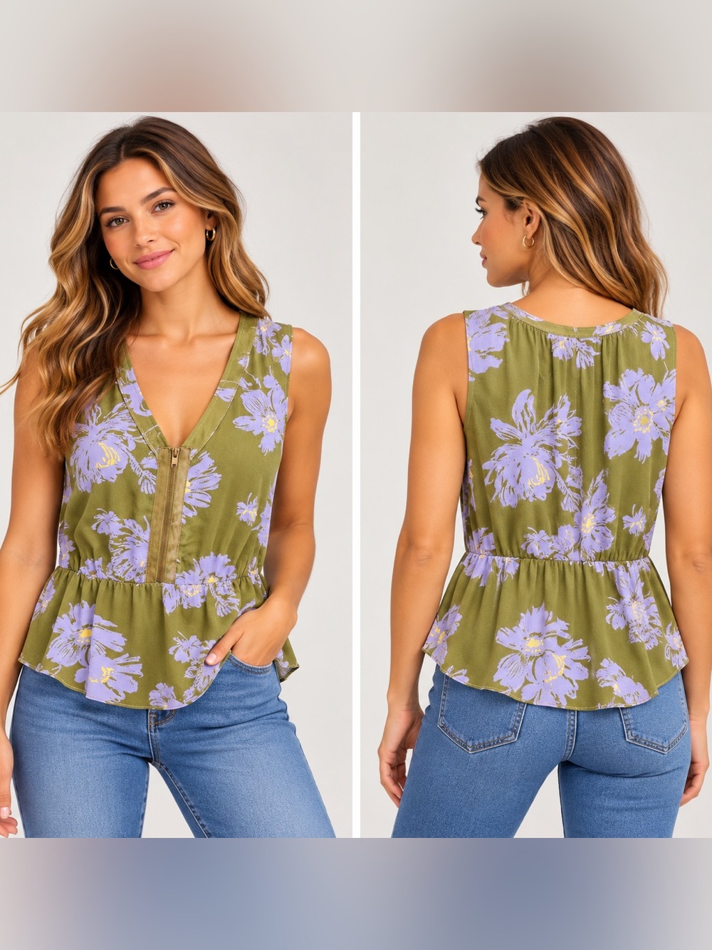 CAbi Olive Green Sleeveless Floral Zip-Peplum Top